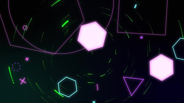 Red dotted arcs rotating, pink hexagon pulsing, drifting down-right, outlines orbiting for neon HUD