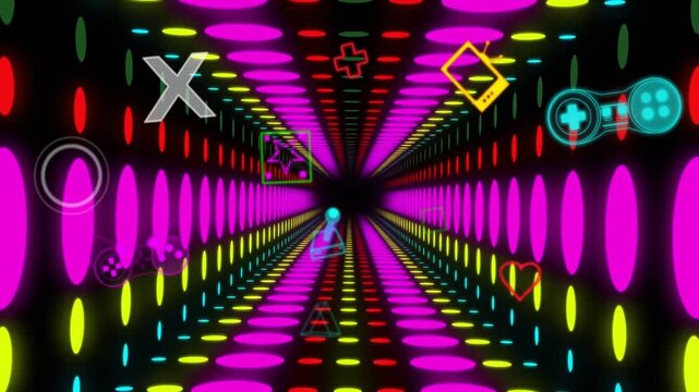 neon tunnel pulsing, rotating, camera pushing forward, glyphs drifting inward, creating momentum