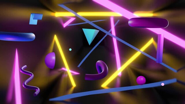 Neon bars activating, central cluster of neon 3D shapes drifting inward, rotating, forming scene