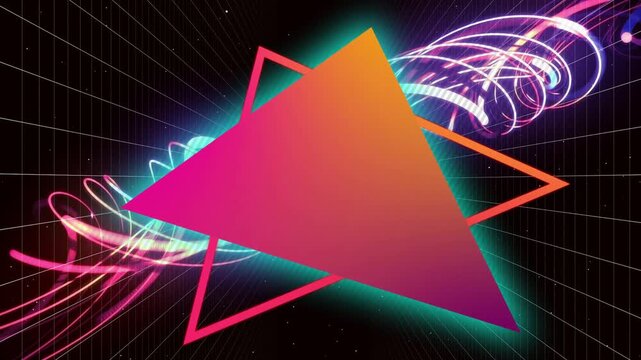 Neon ribbon sweeping left sparking gradient triangle sliding settling and glowing forming center