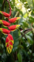 Fototapeta premium A vibrant hummingbird hovers near bright red heliconia flowers in a lush green rainforest, highlighting biodiversity and natural pollination.