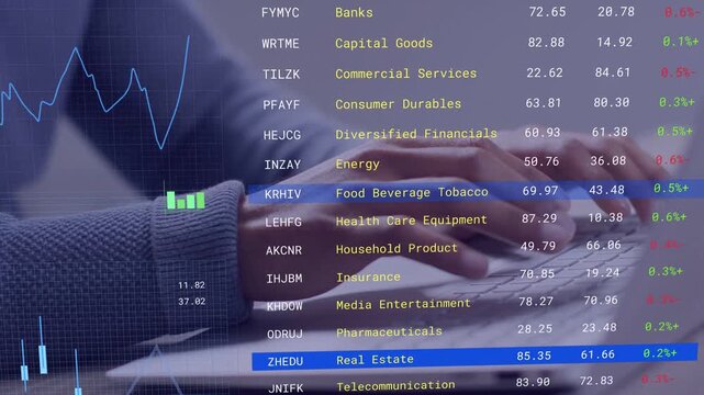 Trader tapping keys sliding papers updating market overlay showing sector rows and tracking rates