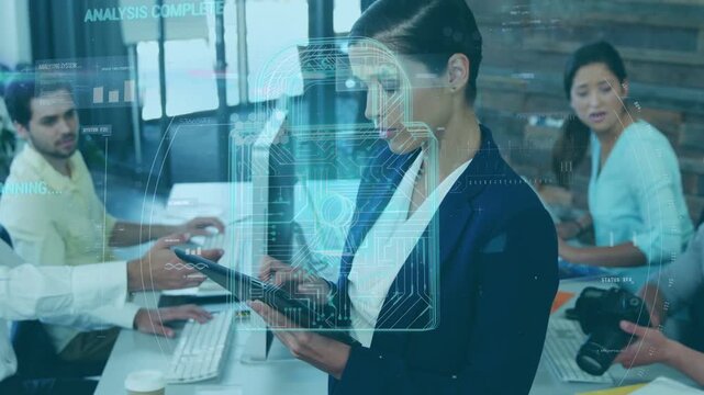 Central woman tapping tablet and starting scan in tech, lock icon and circuitry completing check