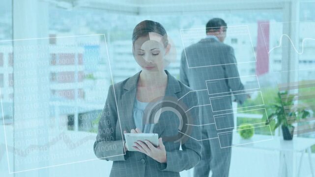 Woman tapping tablet in bright office activating HUD charts analyzing business data peer reviewing