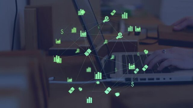 Person typing, green hologram forming over laptop, connecting icons for chart and finance analysis