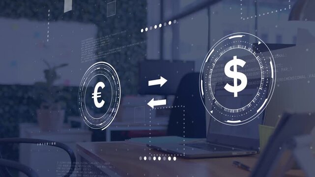 On &euro; appearing left, AR currency HUD animating, $ pulsing right, arrows flipping, showing exchange