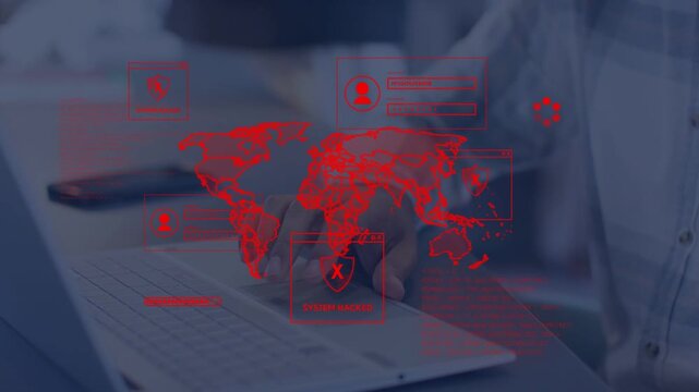 Seated man operating laptop and scrolling trackpad at desk, activating red security world-map UI