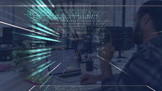 Sitting desk dev calling at laptop call starting code tunnel from laptop showing data for debugging