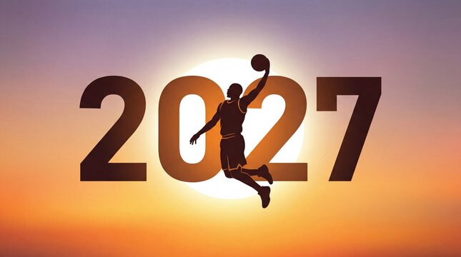 New Year 2027 sports Concept &ndash; Silhouette of Basketball Player Dunking Against Sunset Sun