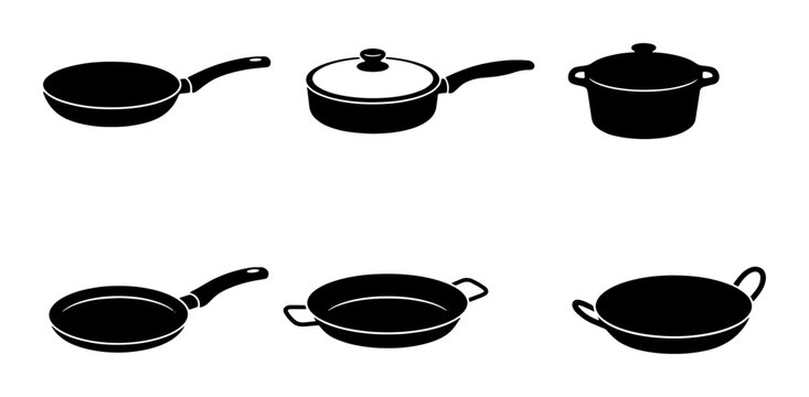 Black Silhouette Cookware Set, Frying Pans, Pots, Kitchen Utensils, Cooking Equipment Icons