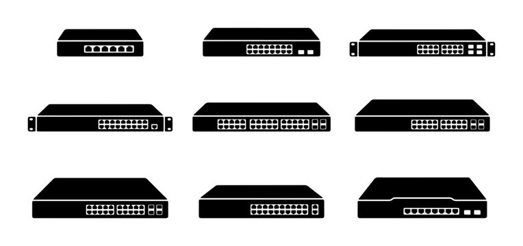 Network Switch Icons, Ethernet Hub Collection, Data Center Equipment Vector Set