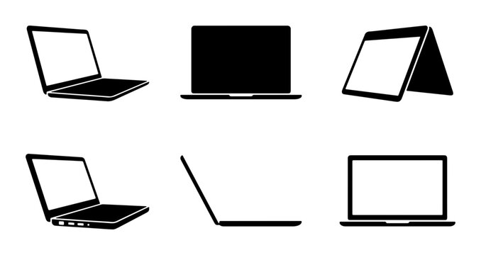 Laptop Icons Set, Modern Portable Computer Views, Technology Device Silhouettes
