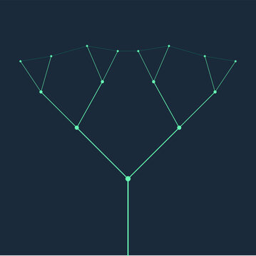 Minimalist teal geometric fractal tree with branching nodes on a dark background for technical data illustration