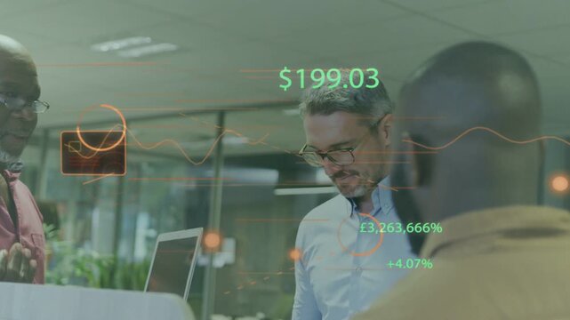 Man at laptop reading while peer pointing, causing finance overlay showing $199