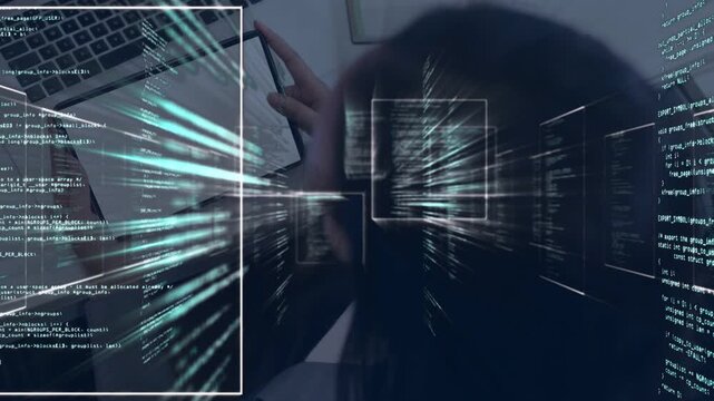 Woman holding tablet, tapping screen, drawing code panels converging over laptop, reviewing code