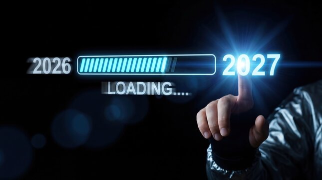 Modern 2027 New Year Loading Interface &ndash; Finger Touching Futuristic Digital Screen