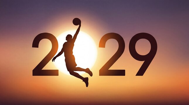 New Year 2026 sports Concept &ndash; Silhouette of Basketball Player Dunking Against Sunset Sun