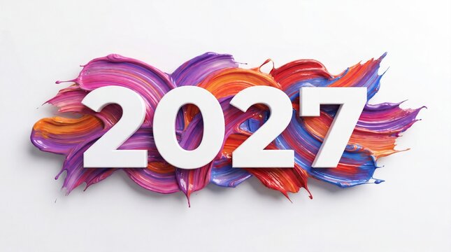Year 2027 Typography on Colorful Vibrant Paint Brush Strokes Background