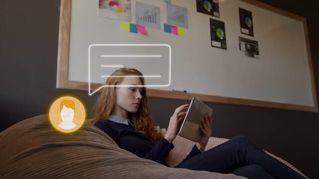 Woman getting avatar ping reading pad tapping replying chat moving near pad showing tech charts