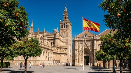 Naklejka premium Sunny view of the Seville Cathedral and Giralda tower in Spain, framed by vibrant orange trees and a waving national flag.