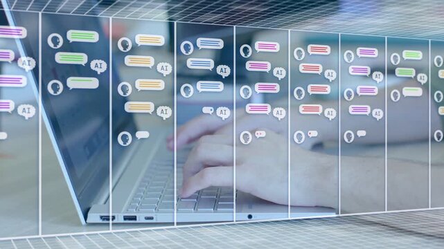 Hands typing on laptop, panels emerging and chat bubbles populating grid, showing AI chat growth
