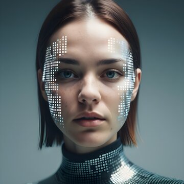 portrait of a futuristic woman with silver digital pattern makeup on her face