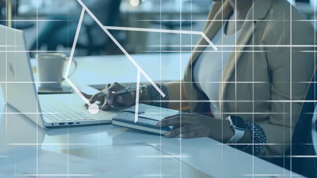 Animated UI showing as office woman tapping laptop and phone, chat tracing notes for business