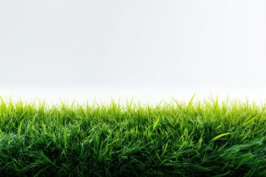 Fresh vibrant green grass growing on bottom frame against empty bright white background.