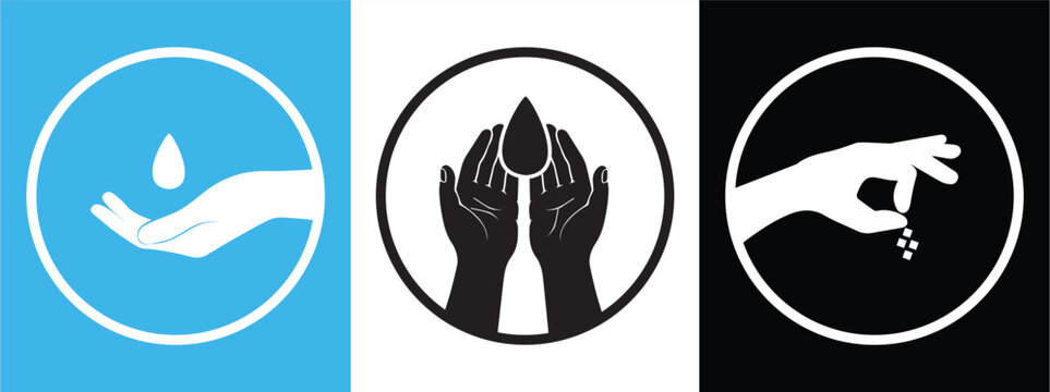 hand icon with water drops and logo of hand sowing grains, product information symbol, easy to edit, suitable for your design, isolated