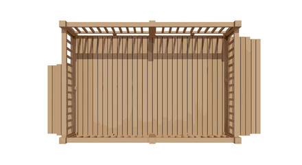 Fototapeta premium Wooden deck construction for garden patio area top view showing railings and steps for exterior home landscaping.
