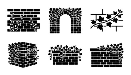 Black Brick Wall Icons with Climbing Ivy, Architectural Elements, Garden Borders, Vector Set © Sharmin