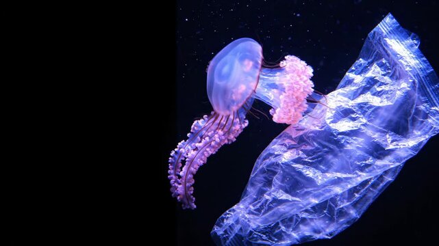 Jellyfish swimming near plastic bag in ocean. Marine pollution concept with aquatic animal and trash. Environmental conservation and ecological hazard, 160 chars