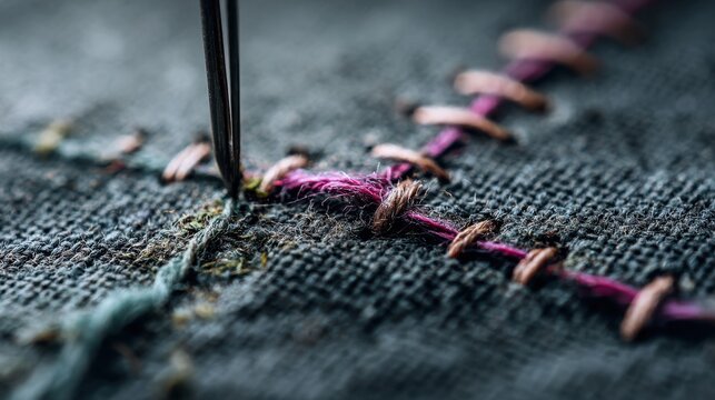 Close-Up of Needle Piercing Dark Fabric with Colorful Thread in Intricate Stitching Pattern Highlighting Textile Artistry and Craftsmanship