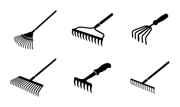 Garden Rake Collection, Leaf Rake Icons, Lawn Care Tools, Agricultural Implements Set