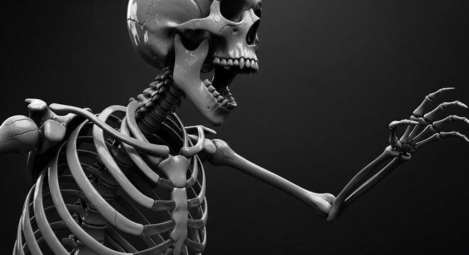 Eerie 3D Render: Detailed Skeleton, Dramatic Lighting, Profound Depth