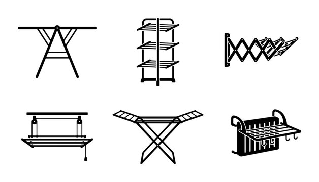 Laundry Drying Racks Vector Icons, Clothes Airer Set, Household Utility Equipment