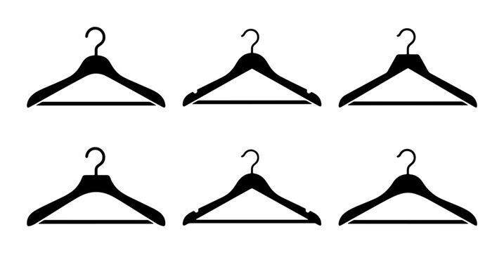 Set of 6 Black Clothes Hangers, Vector Icons for Wardrobe Organization and Retail Display