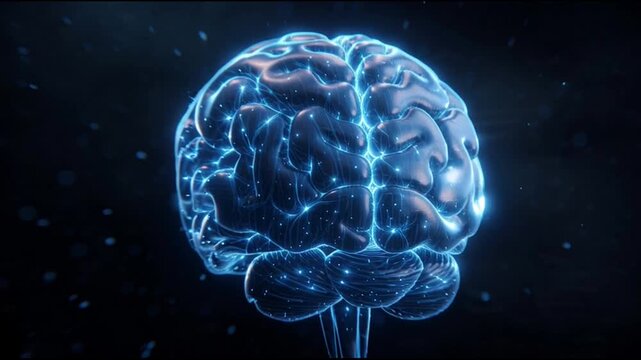 Glowing blue human brain anatomy model.