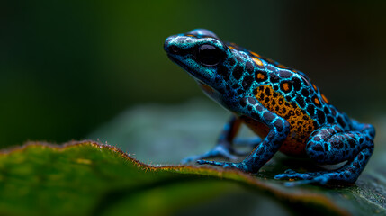 Obraz premium Blue poison dart frog with orange spots resting on green leaf in tropical rainforest