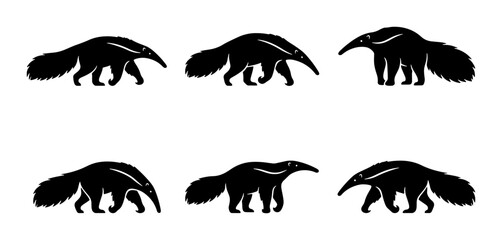 Six Black Anteater Silhouettes, Vector Graphics, Minimalist Wildlife Icons © Imran