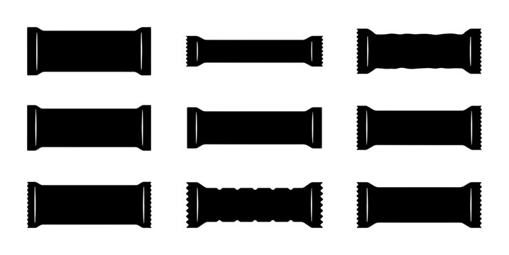 Black Bar Packaging Icons, Food Wrappers, Candy Bar Mockups, Snack Pack Designs