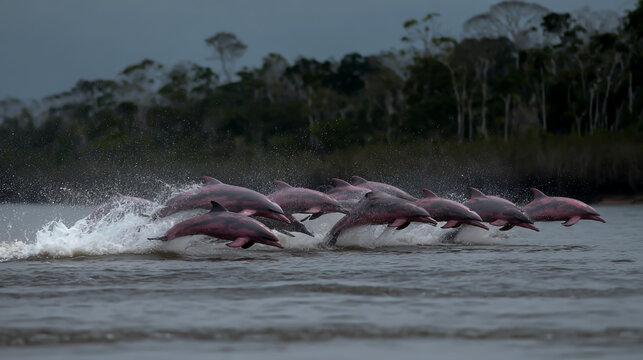 Pink river dolphins leaping over Amazon River waters in misty jungle landscape