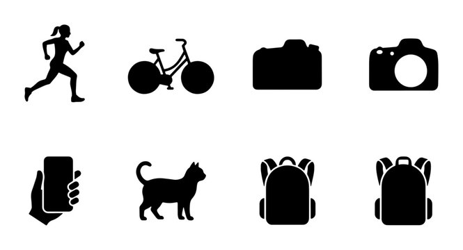Silhouette Icons: Runner, Bicycle, Camera, Cat, Phone, Backpacks - Vector Set for Lifestyle and Hobby