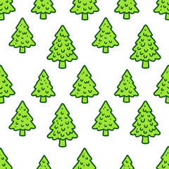Fototapeta premium Green Pine Trees Pattern Illustration on White Background