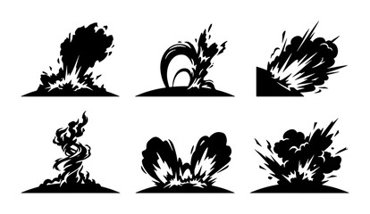 Explosion Icons Set, Black Silhouette Comic Blast Effects, Dynamic Impact Graphics © Mostafizur