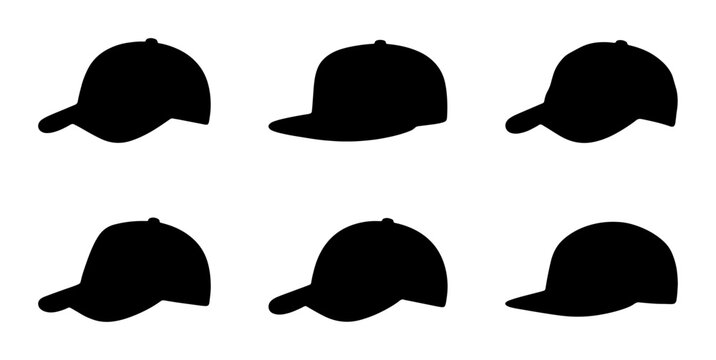 Six Black Baseball Cap Silhouettes, Vector Icons for Apparel Design, Fashion Headwear Graphics