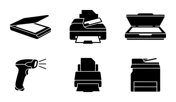 Office Equipment Icons: Scanner, Printer, Barcode Reader, Copier Set, Business Technology