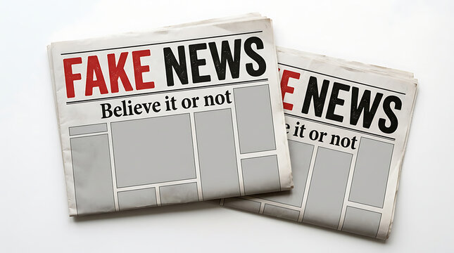 Two newspapers with the headline FAKE NEWS, urging people to question what they read