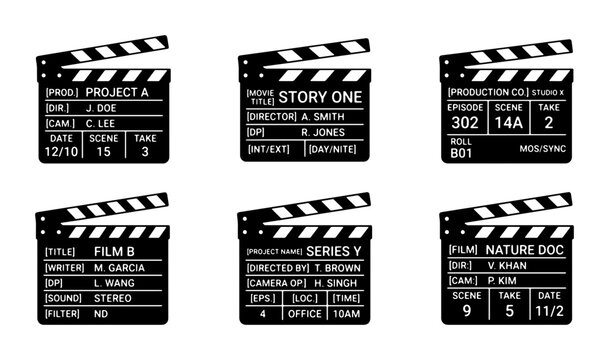 Film Clapperboard Icons Set, Movie Production Slate Symbols, Cinema Industry Tools, Vector Graphics