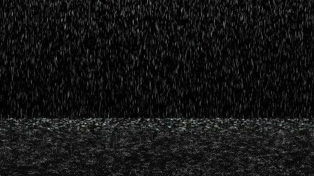 Cinematic heavy rain overlay with realistic water splash effects on dark background, perfect for compositing into dramatic scenes, storm sequences, and atmospheric film productions
